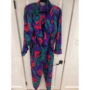 Joan Walters Rare Vintage Multicolor Floral Jumpsuit Size 16 long sleeve